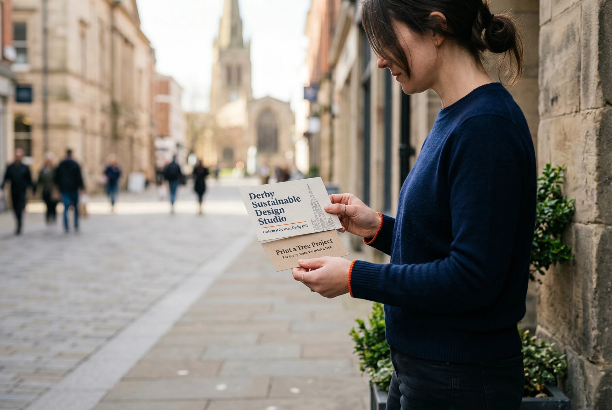 A customer reading a printed card on a street in Derby, with Derby Cathedral behind