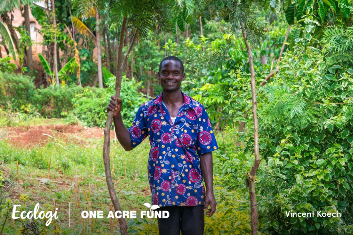 A farmer in Kenya standing among the trees on his farm